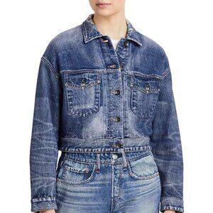 RAG & BONE Navy Blue Cotton MIRAMAR Printed Terry Knit Cropped Denim Jacket XXS
